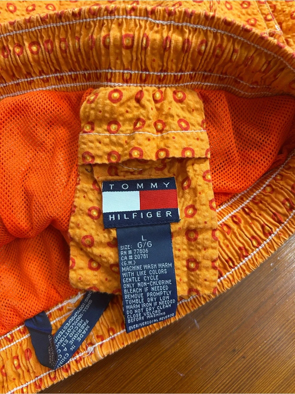 Tommy Hilfiger Men’s Orange Seersucker lined Swim Trunks Sz L 👽 💛
